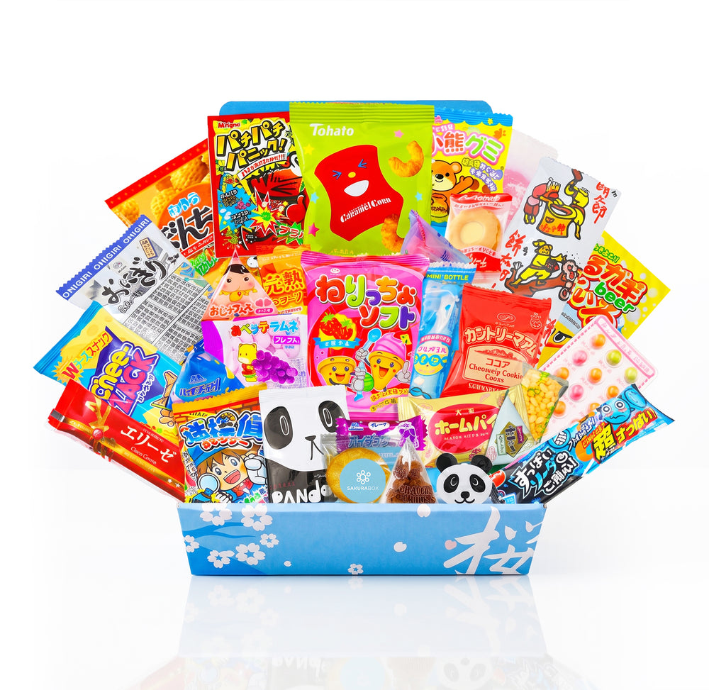 30 piece Japanese snack and candy assortment in an open Sakura Box