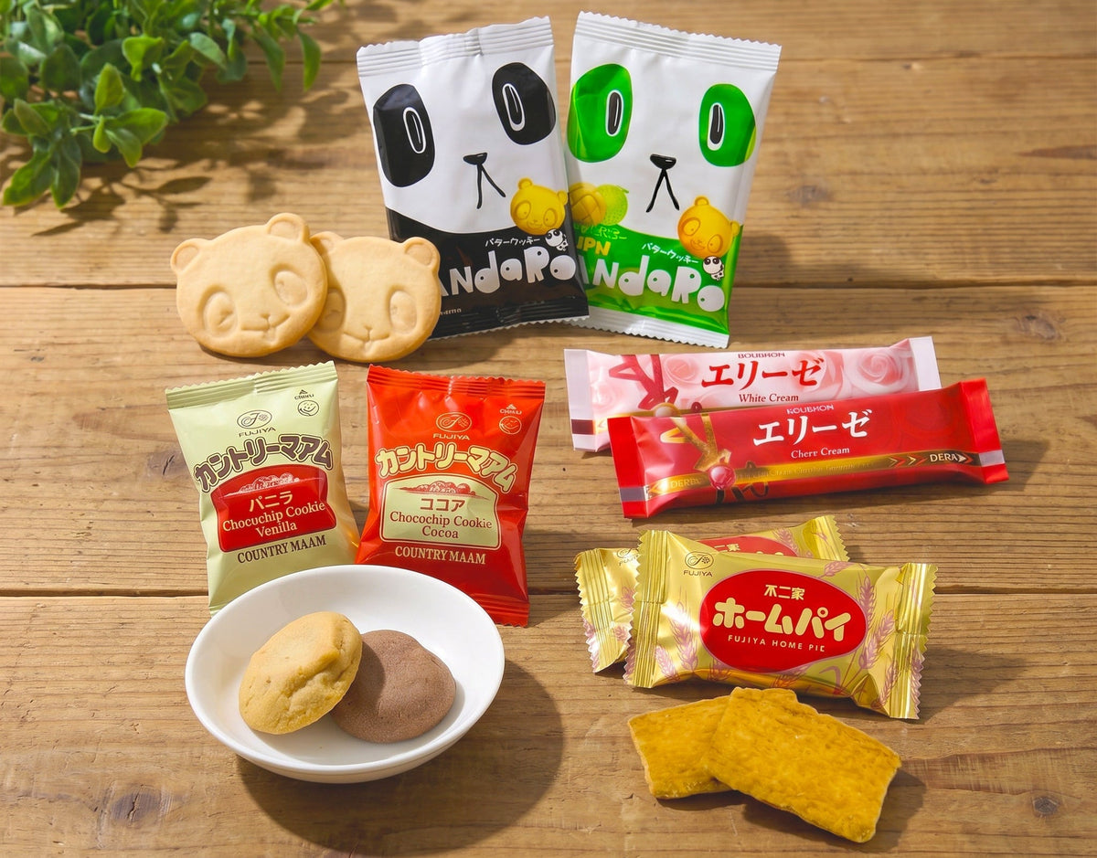 Selection of Japanese cookies and wafers with opened samples