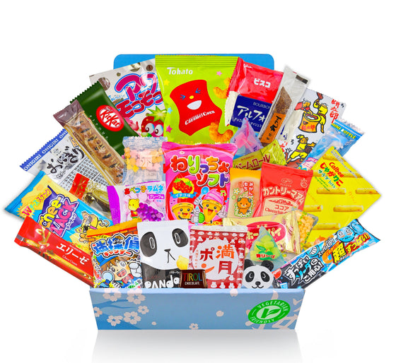 Open Sakura Box filled with 30 Japanese snacks and a green dietary-friendly badge