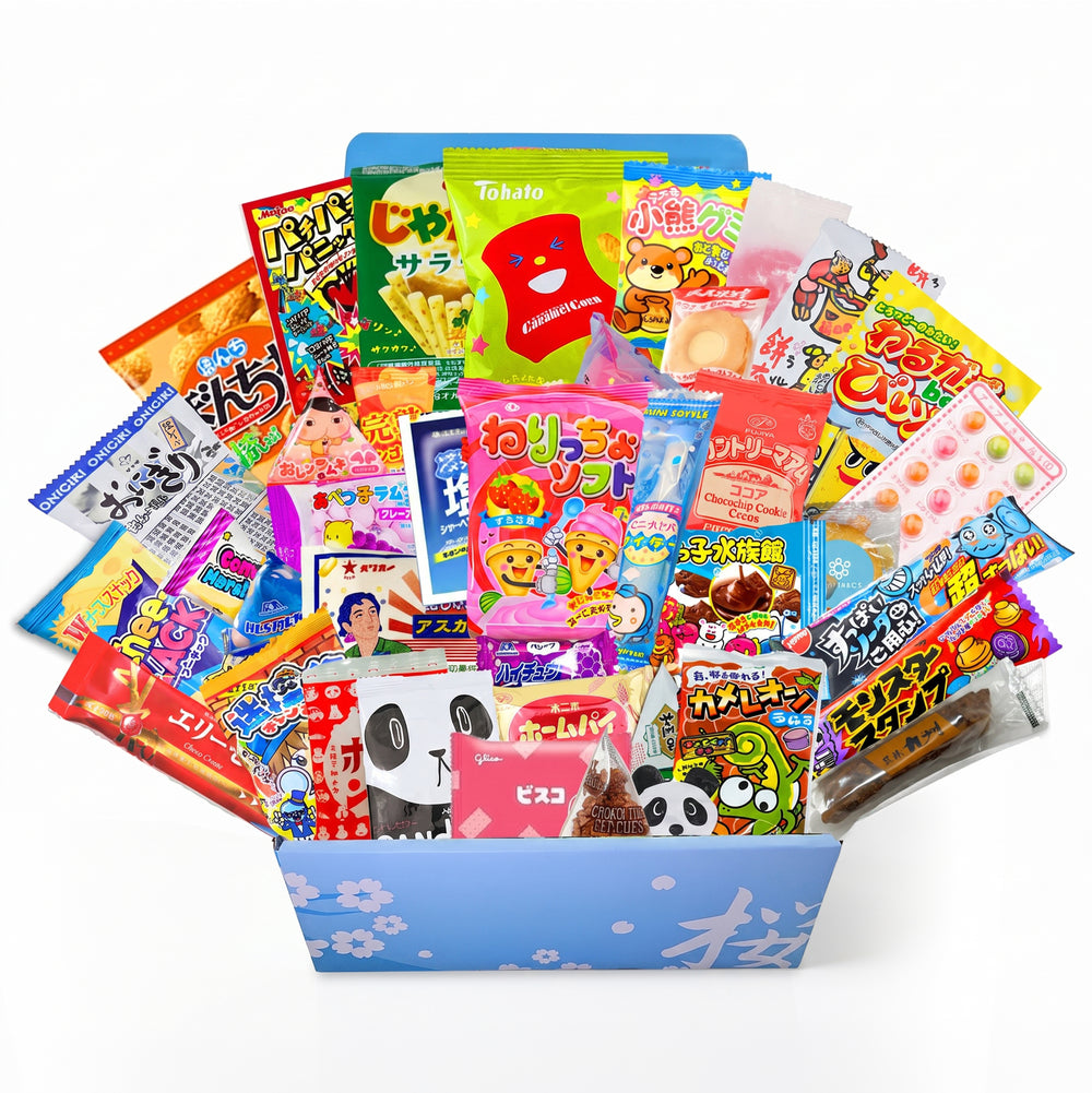 40 piece Japanese snack and candy assortment in an open Sakura Box