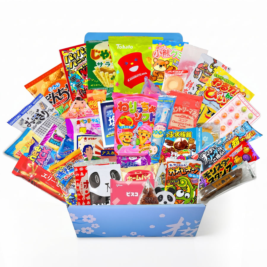 40 piece Japanese snack and candy assortment in an open Sakura Box