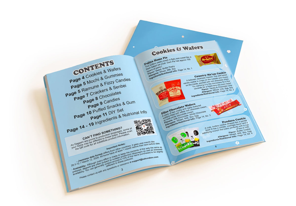 Open English information booklet for the Japanese snack assortment