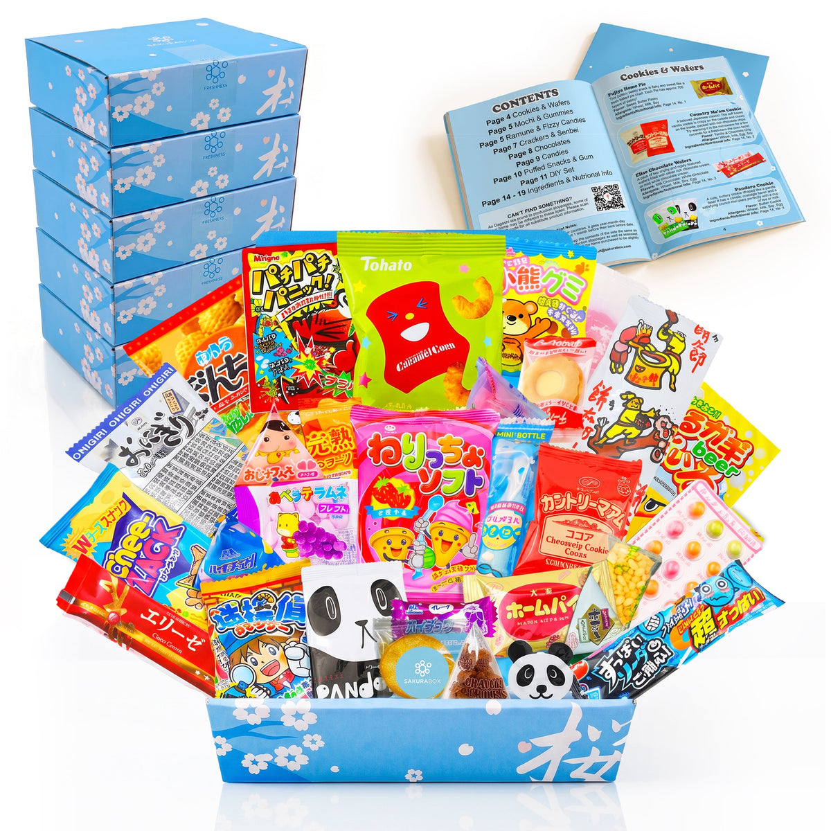Five Sakura Box 30-piece gift boxes with Japanese snacks and an English booklet