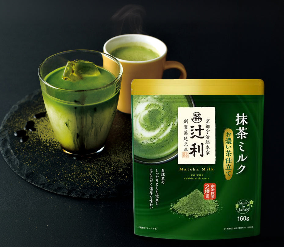 Tsujiri matcha milk powder with hot and iced matcha drinks