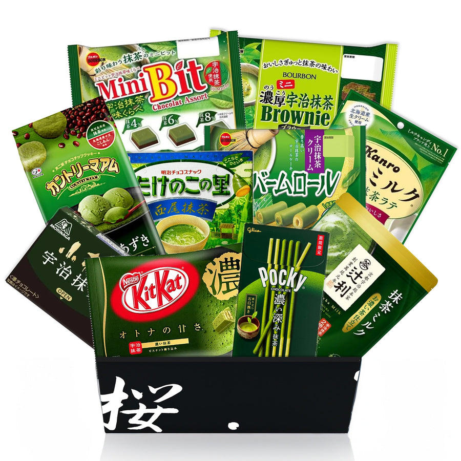 Open black Sakura Box filled with 10 full-size Japanese matcha snacks