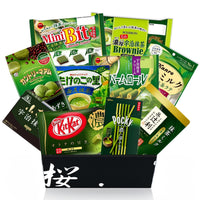 Open black Sakura Box filled with 10 full-size Japanese matcha snacks