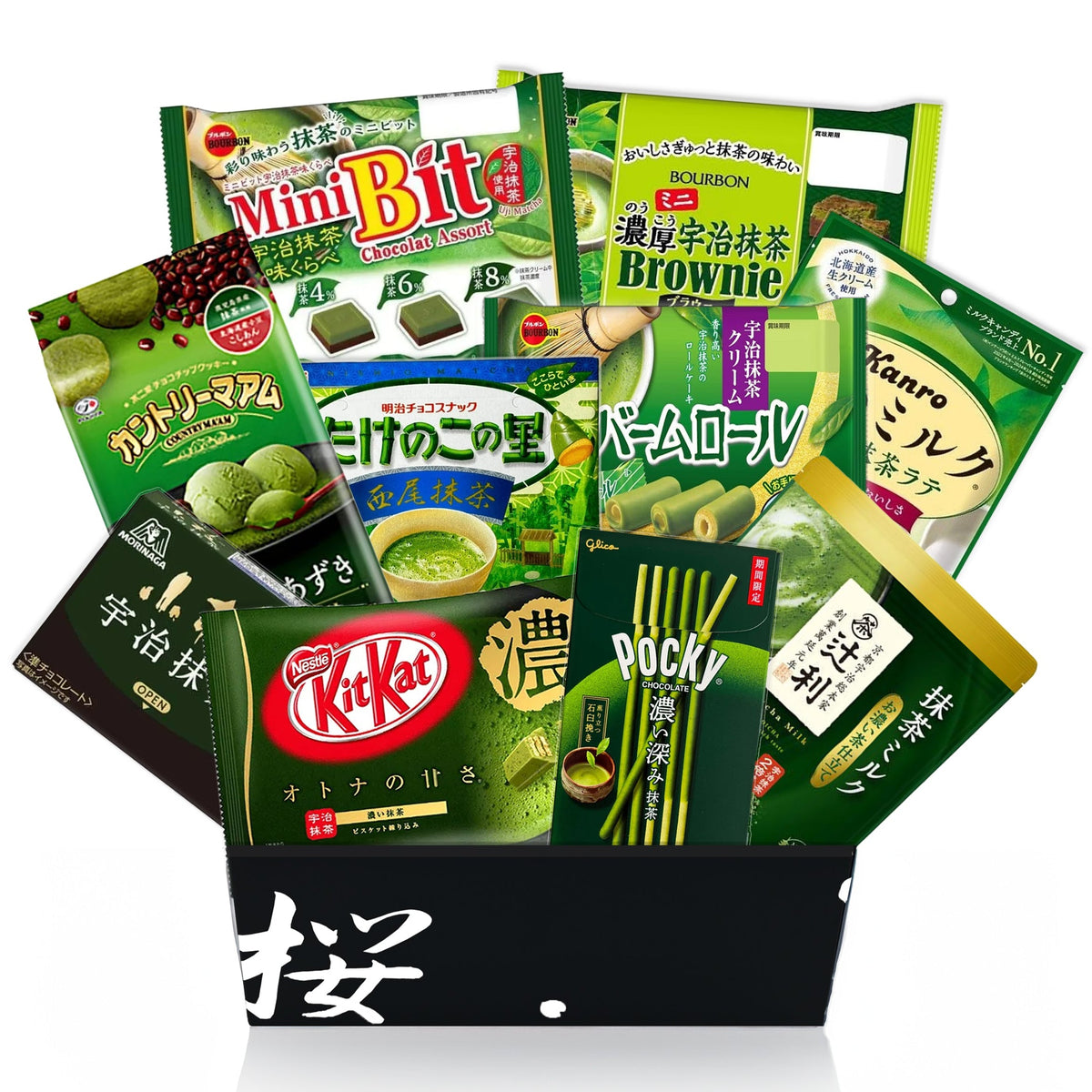 Open black Sakura Box filled with 10 full-size Japanese matcha snacks