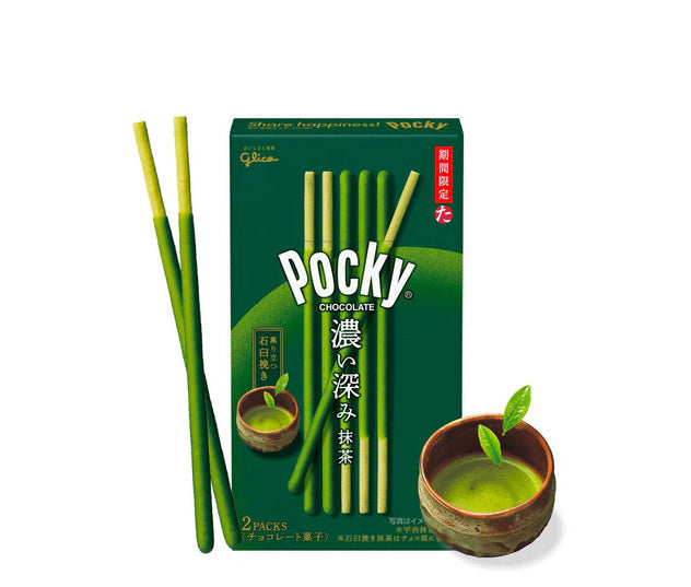 Matcha Pocky box with biscuit sticks and a cup of matcha