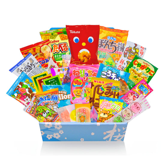 Open Sakura Box filled with a 30-piece Japanese candy and snack share pack